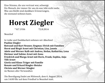 Traueranzeige von Horst Ziegler von Pegnitz-Zeitung